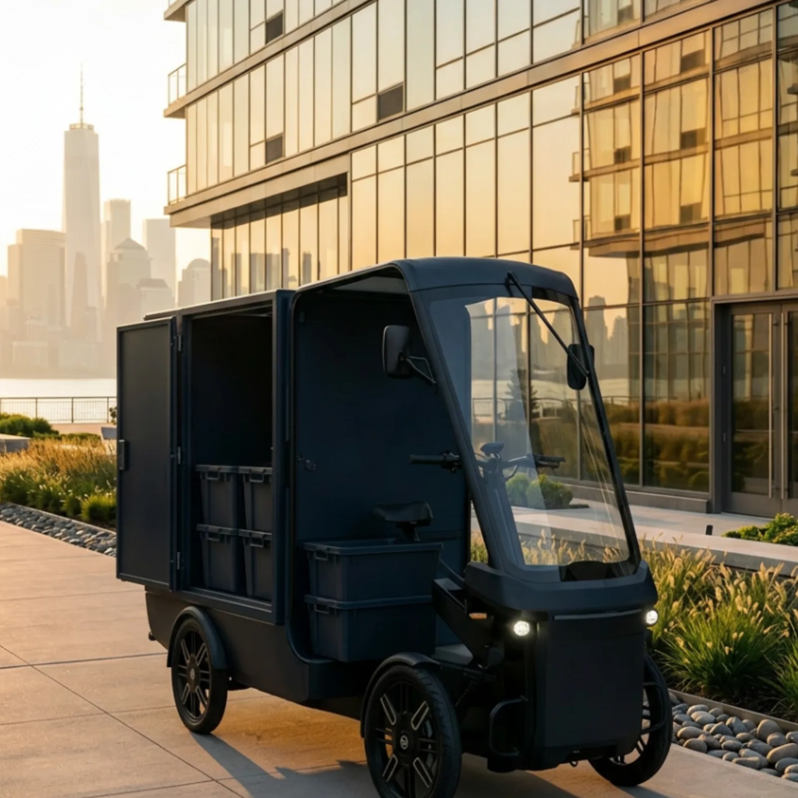 Storage Valet cargo e-bike with closed storage bins on the Hudson River waterfront in morning light, Manhattan skyline behind