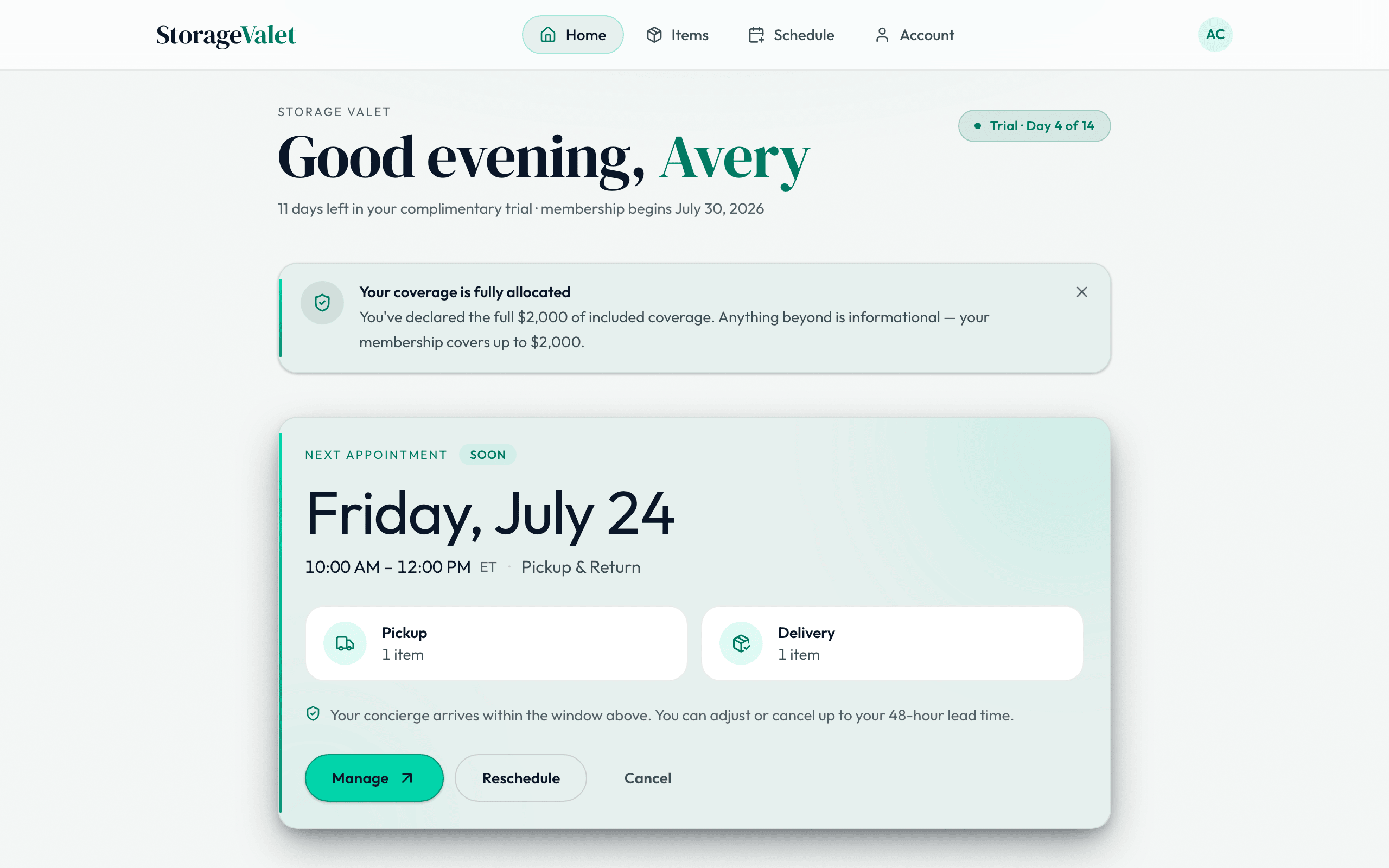 The Storage Valet dashboard with an upcoming delivery appointment