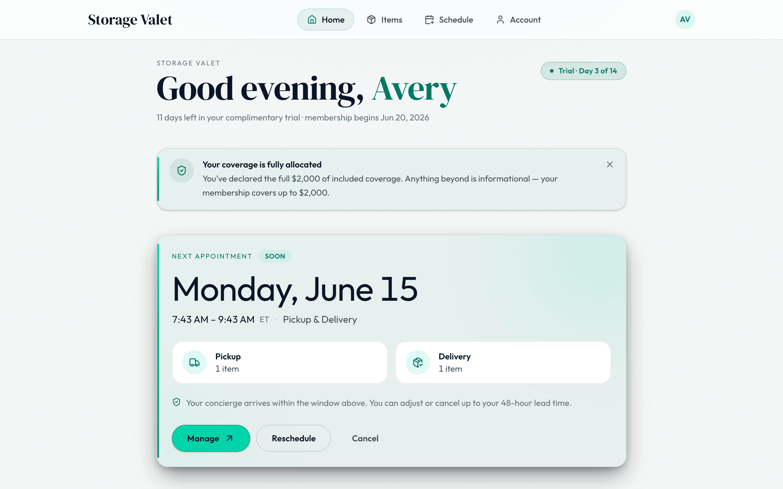 The Storage Valet dashboard with an upcoming delivery appointment