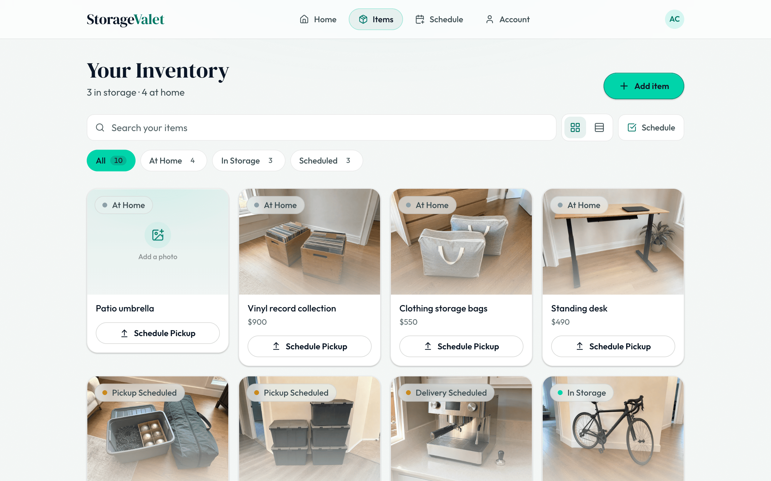 The Storage Valet member portal showing a photographed item inventory
