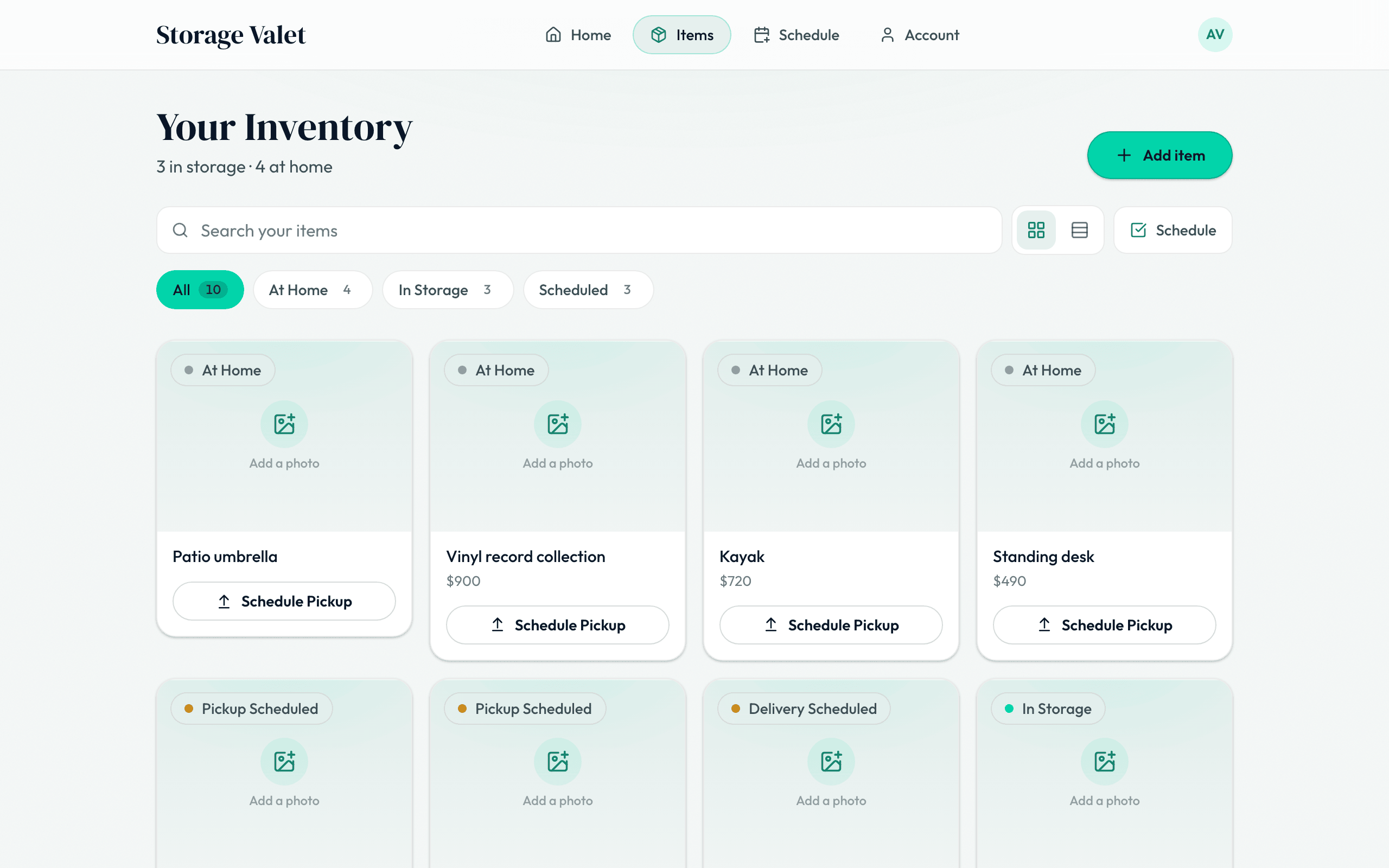 The Storage Valet member portal showing a photographed item inventory