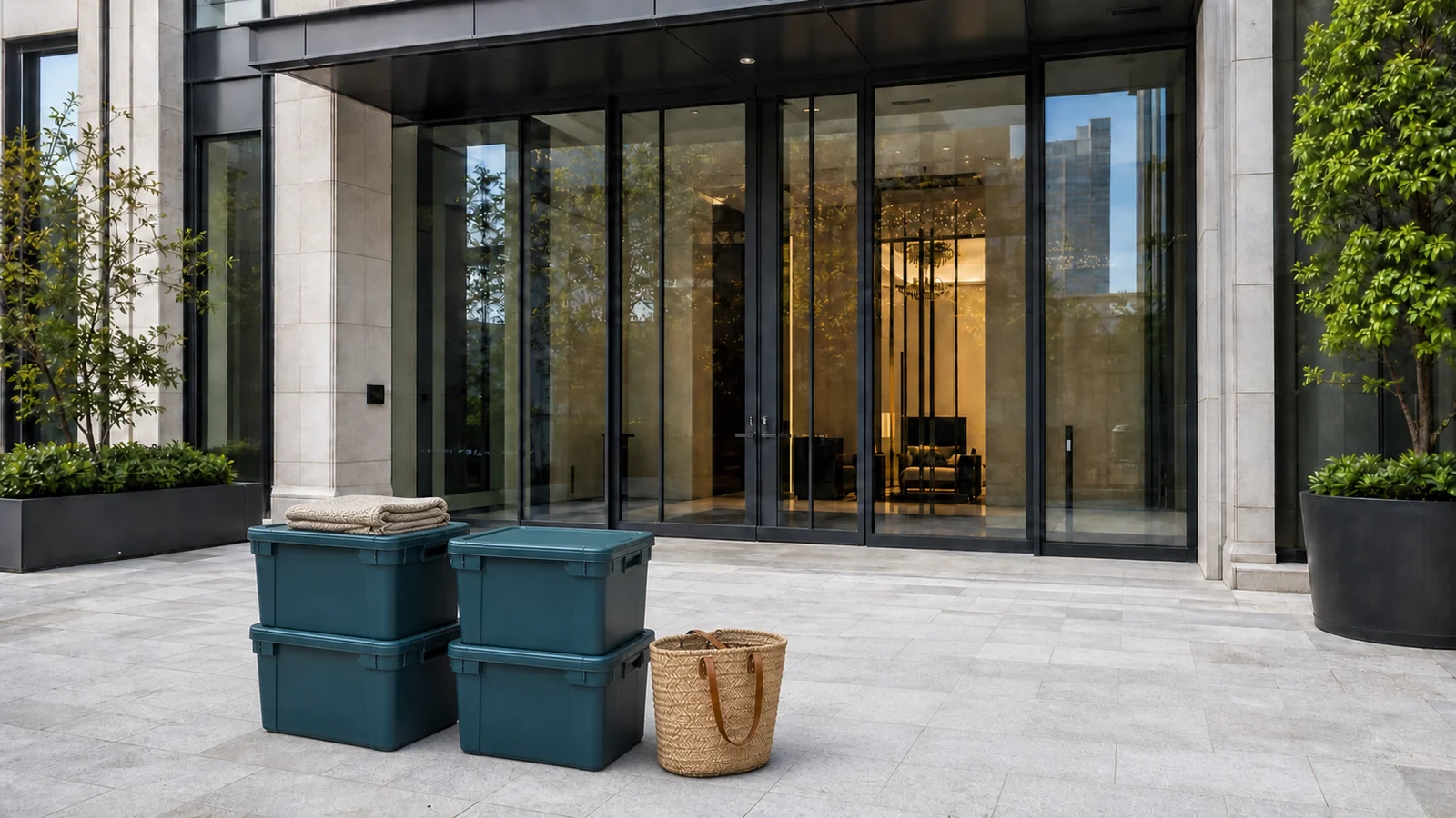 Storage Valet totes staged at a high-rise residential entrance