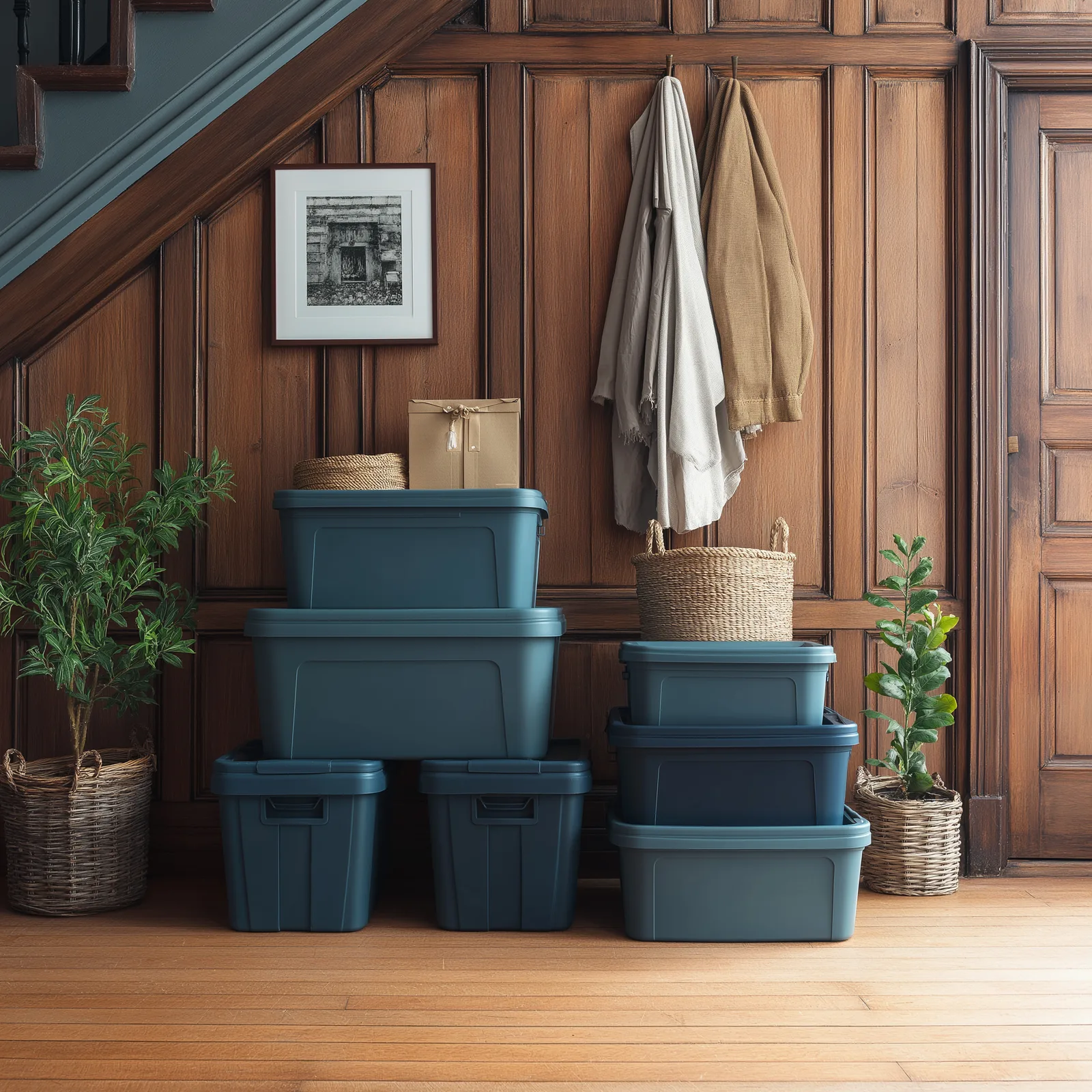 Storage Valet totes in a wood-paneled apartment entryway