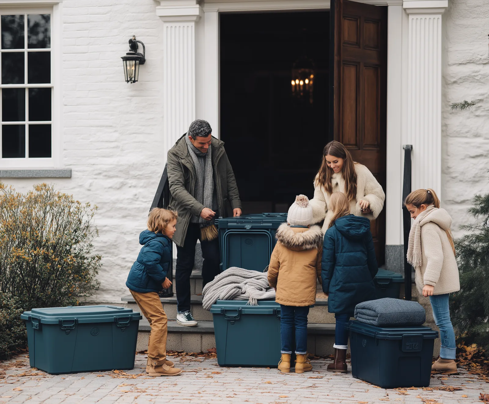 Family unpacking Storage Valet totes on their porch on a fall afternoon