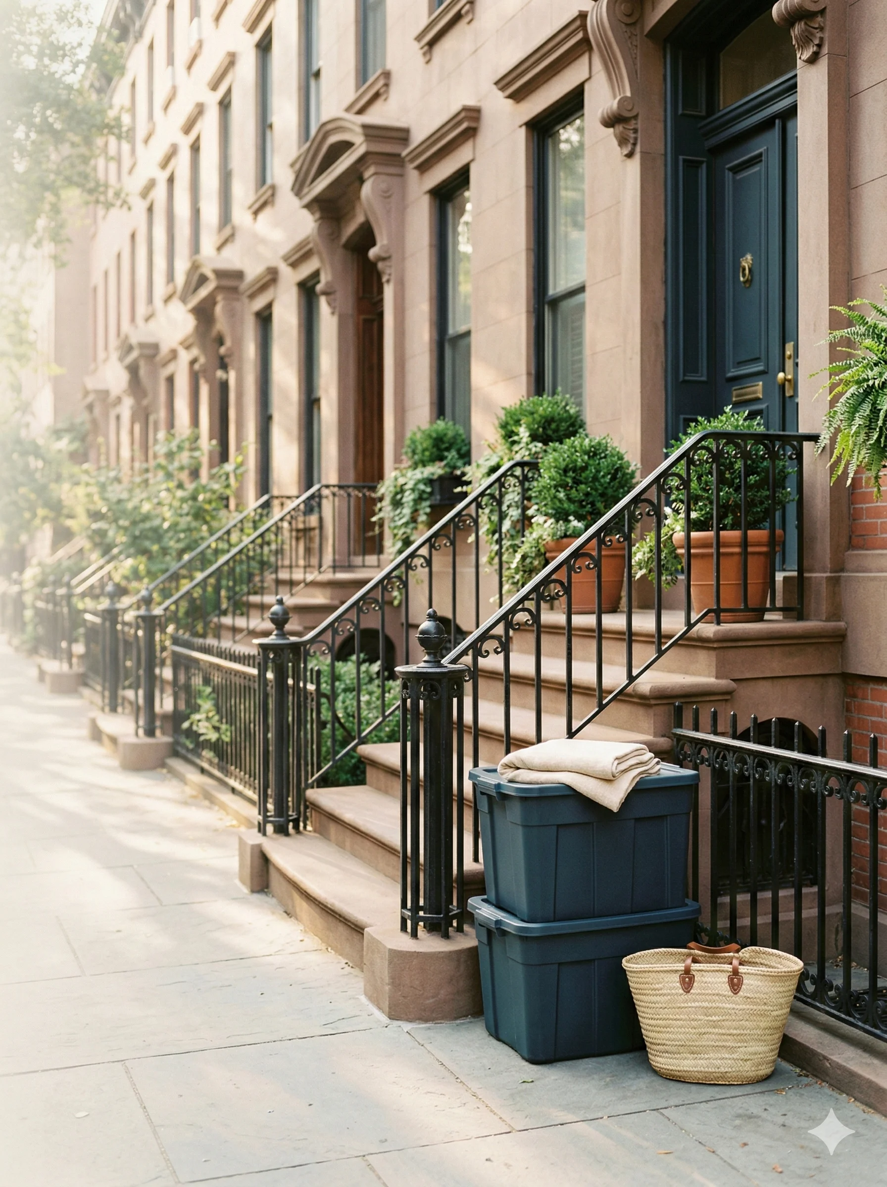 Storage Valet charcoal-blue bins ready for pickup on a Hoboken brownstone stoop