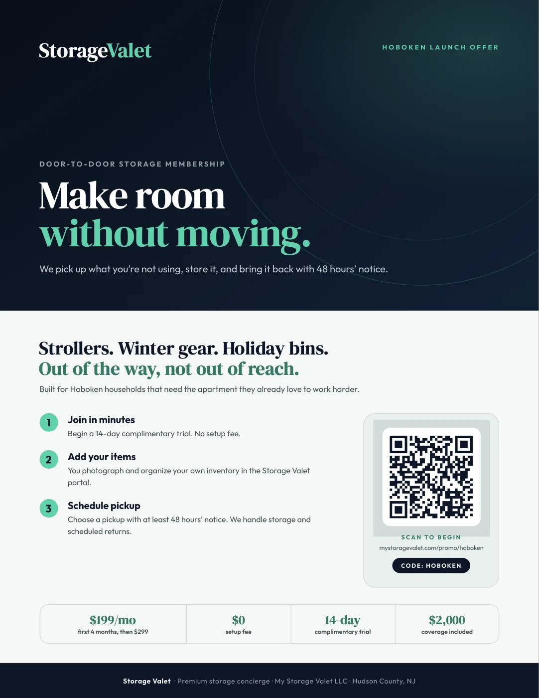 Storage Valet print flyer: Make room without moving, with QR code and membership details