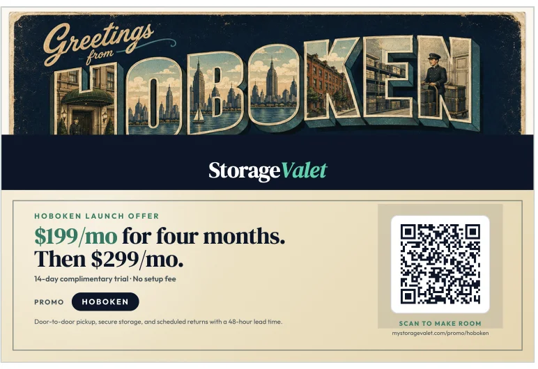 Storage Valet vintage-style Greetings from Hoboken resident postcard