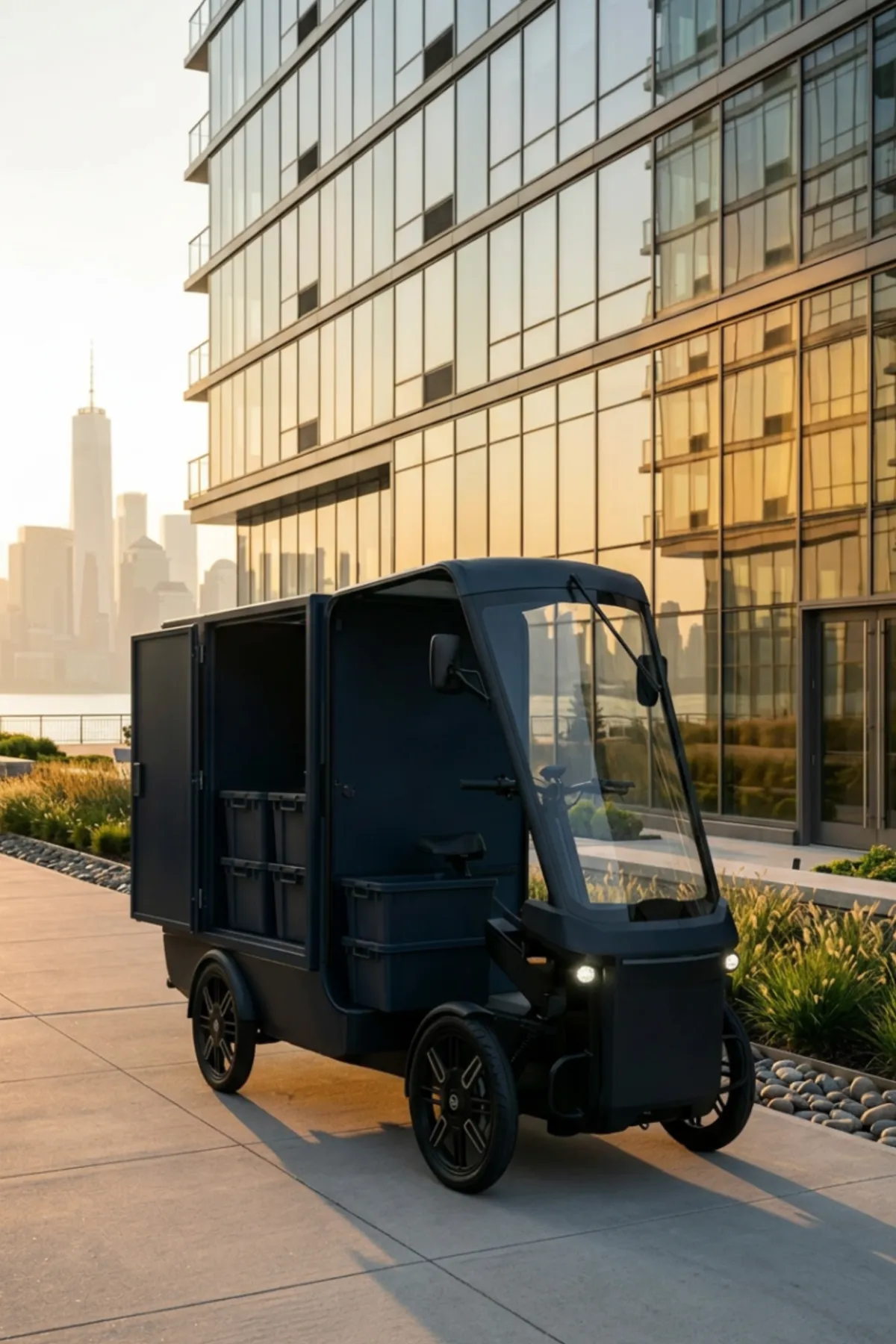 A Storage Valet electric cargo bike parked outside a waterfront luxury property at golden hour
