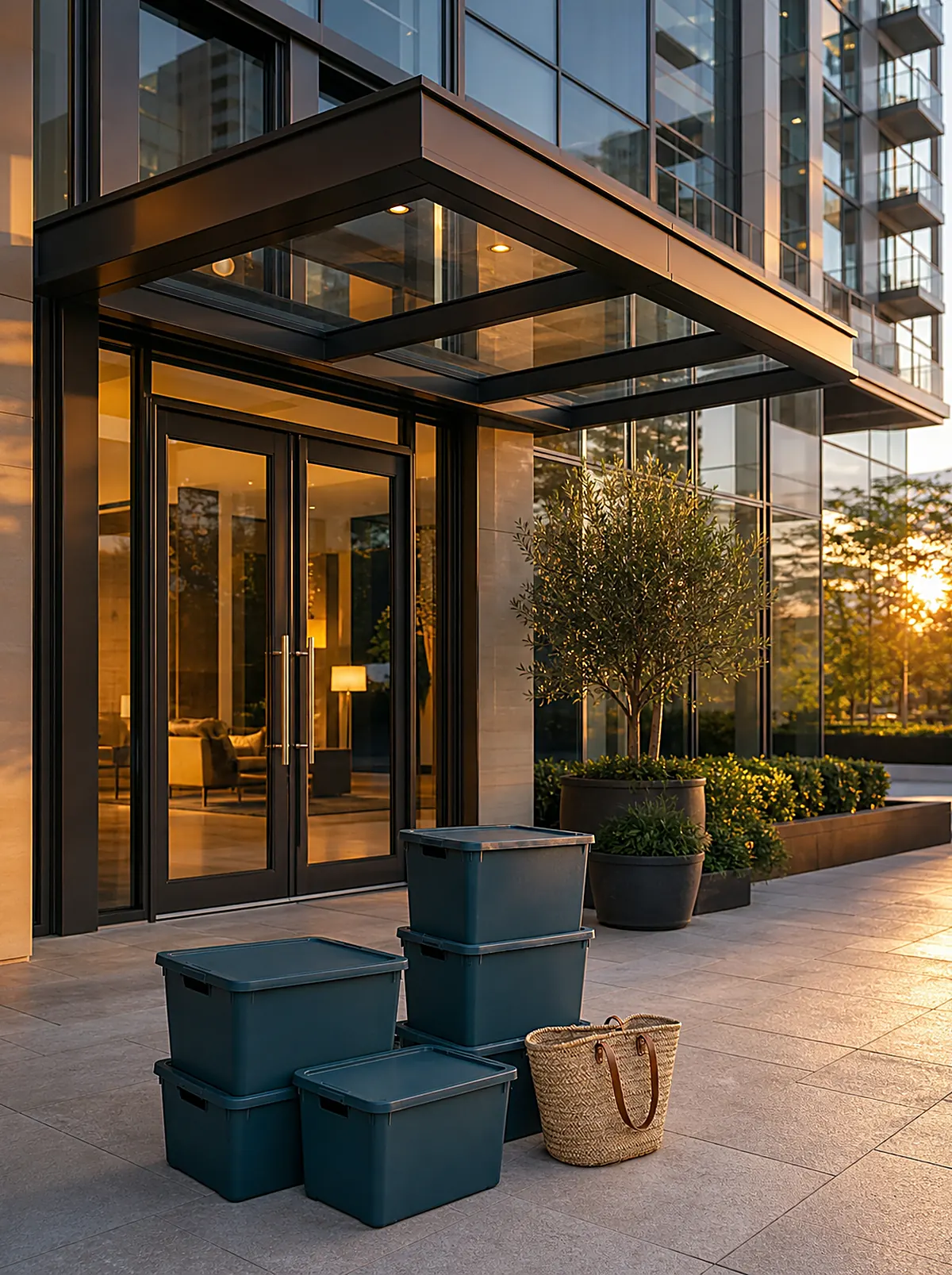 Storage Valet totes staged for pickup at a luxury residential entrance at golden hour