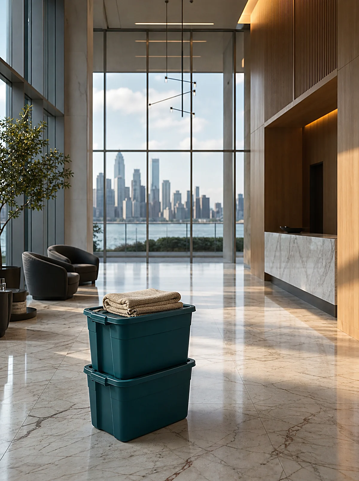 Storage Valet totes staged in a Class A residential lobby with the Manhattan skyline beyond