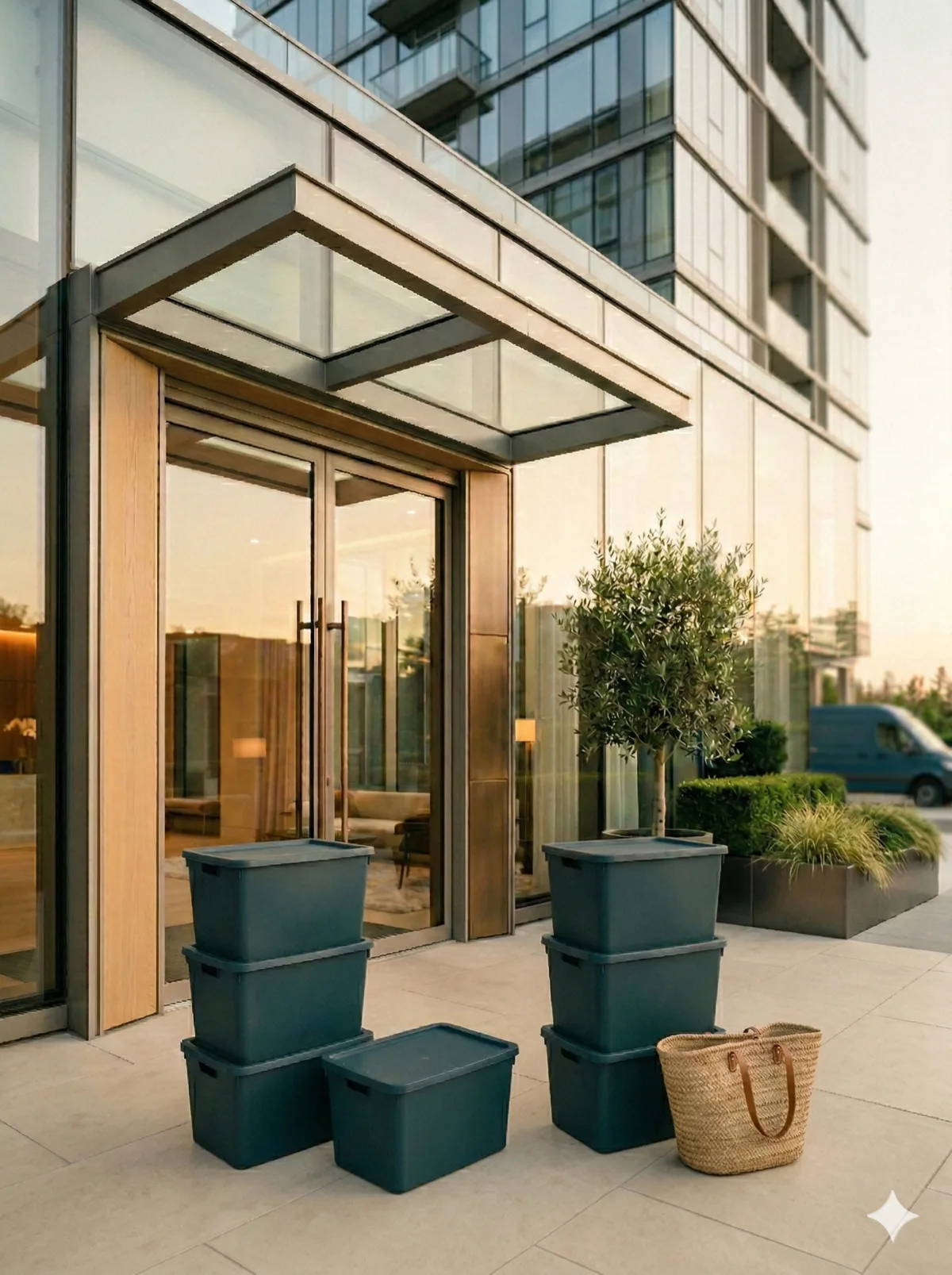 Storage Valet bins staged outside a luxury high-rise entrance
