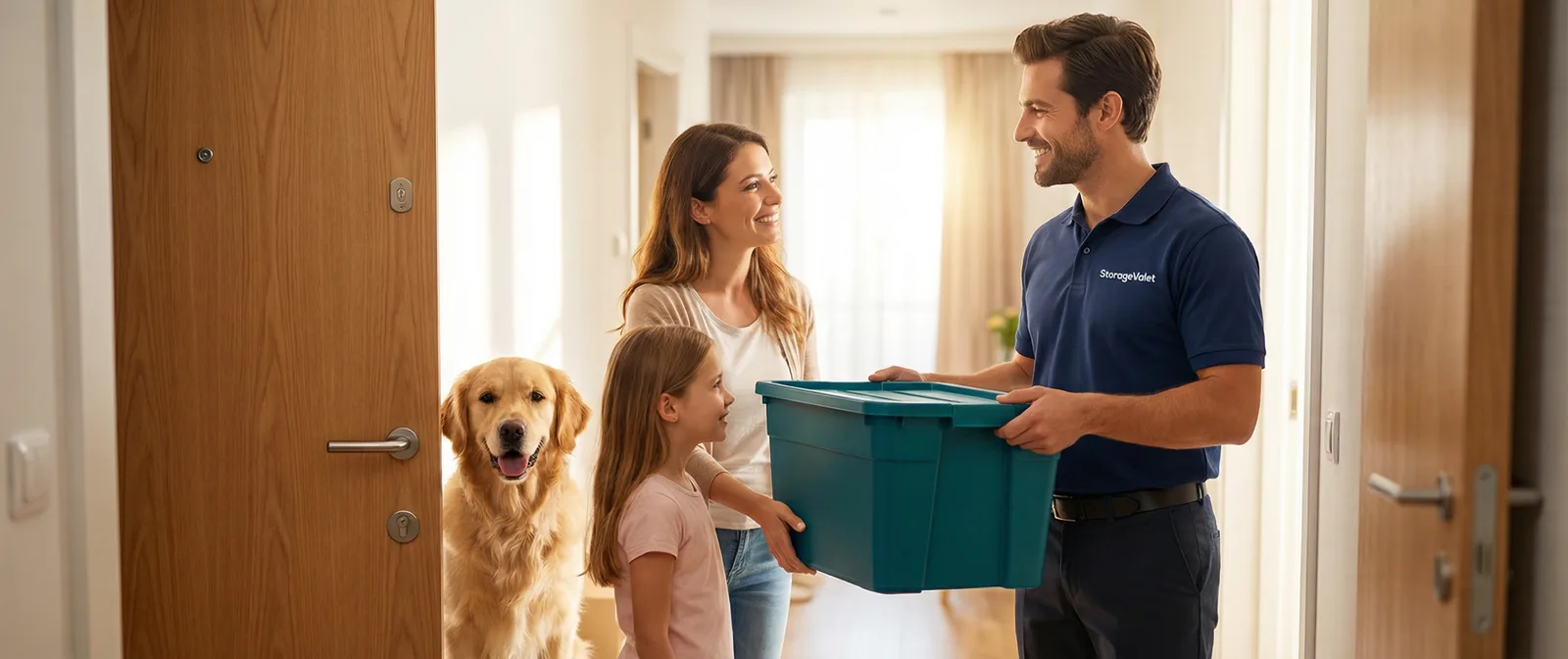 Storage Valet delivery arriving at a resident's doorstep, greeted by the family dog